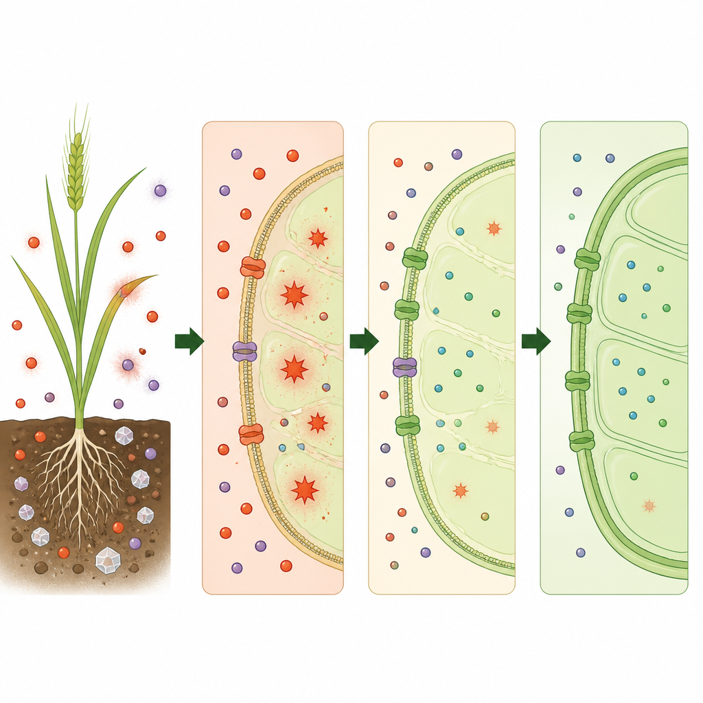 Figure 2. How barley cells juggle salts, water, and cell damage to survive alkaline soil stress.