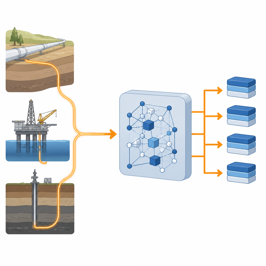 Figure 1. Een vezelkabel luistert langs infrastructuur terwijl quantum-geïnspireerde compressie de datastroom verkleint voor eenvoudiger bewaking.