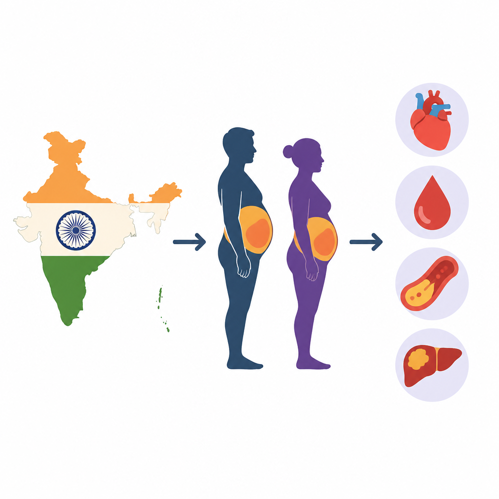 Figure 1. La grasa abdominal es común entre los adultos indios y varía ampliamente según la región, el sexo, la edad y el estilo de vida.