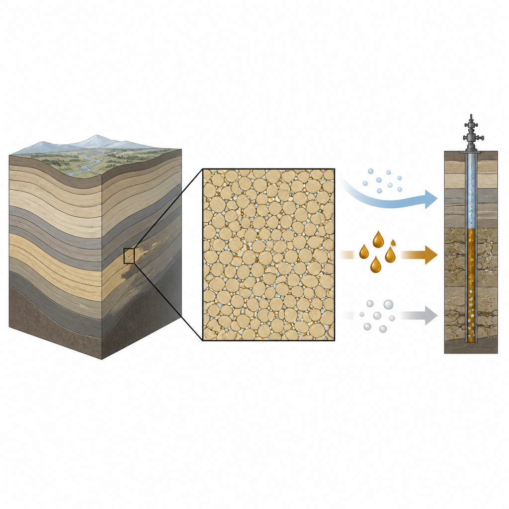 Figure 1. Dalla scala bacinale alle porosità microscopiche, mostrando come l’arenaria compatta immagazzini e rilasci petrolio e gas.