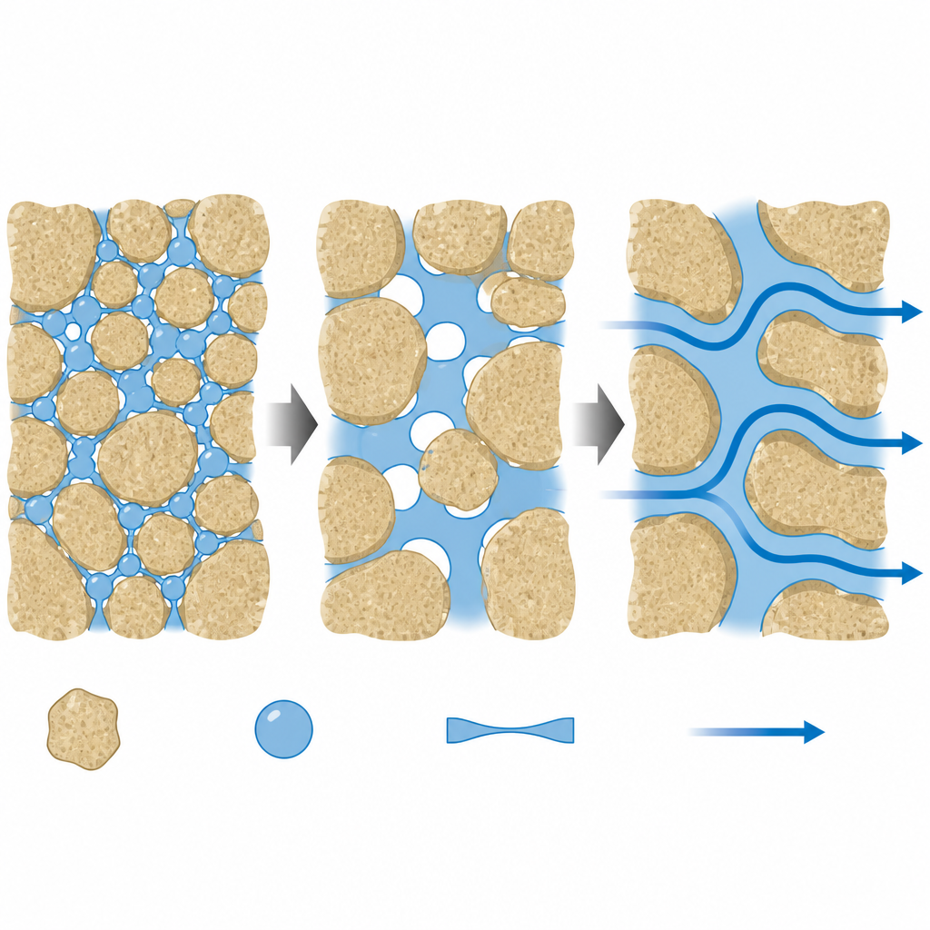 Figure 2. Visione a passi del movimento dei fluidi da molti pori minuscoli verso pochi percorsi più grandi e connessi che controllano il flusso.