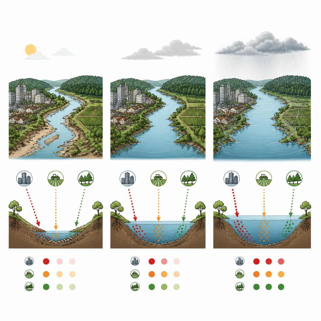 Figure 1. Cómo las estaciones y el crecimiento urbano cambian la mezcla de metales y nutrientes en el río Negro amazónico.