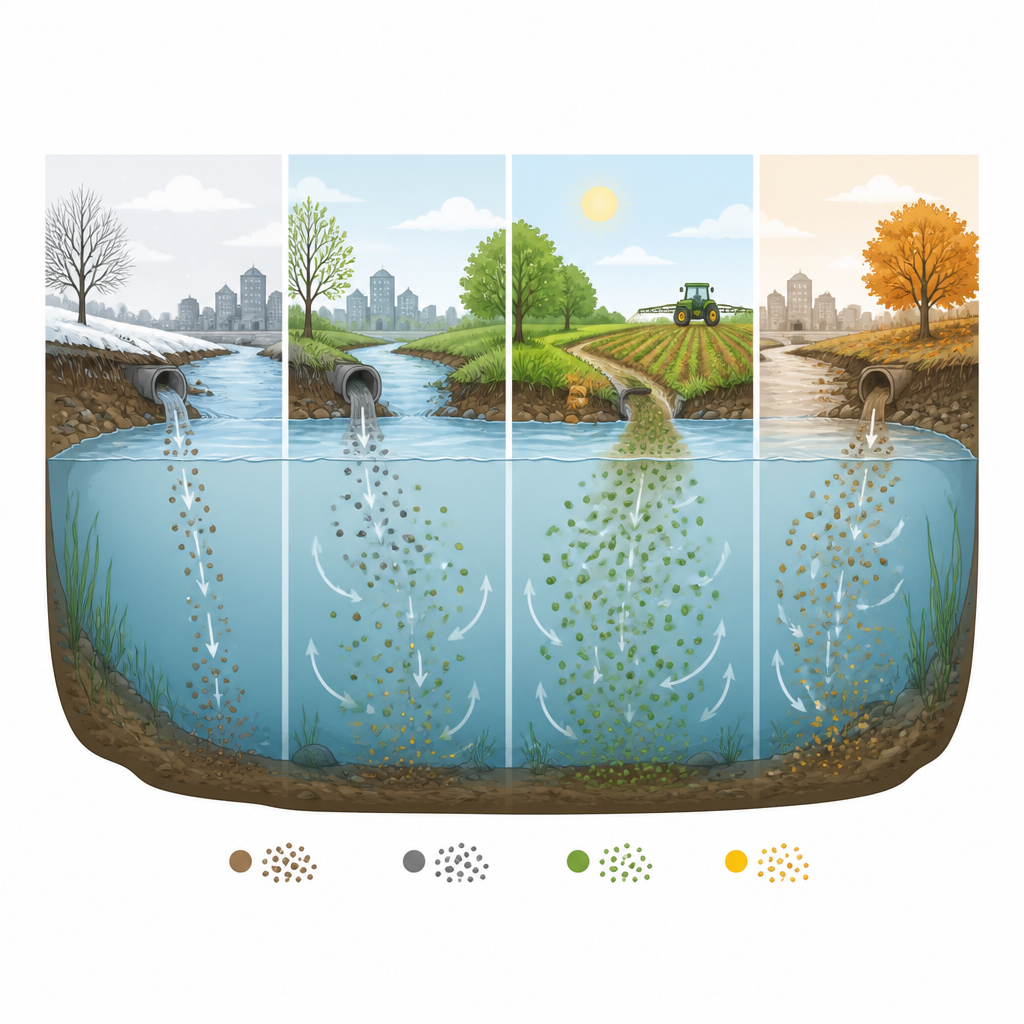 Figure 2. Recorrido paso a paso de metales y nutrientes desde la tierra hasta el agua del río a lo largo de las estaciones seca y húmeda.