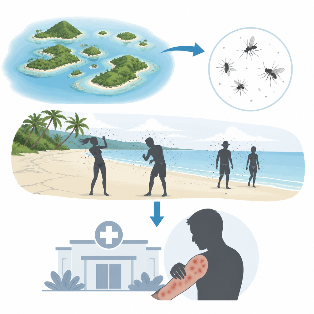 Figure 1. Wie winzige Strandmücken auf tropischen Inseln Menschen und Tourismus durch ihren tagaktiven Stechverhalten beeinflussen.