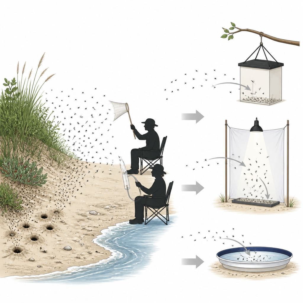 Figure 2. Wie Wissenschaftler Menschen und einfache Fallen an Sandstränden einsetzen, um stechende Mücken zu fangen und zu untersuchen.