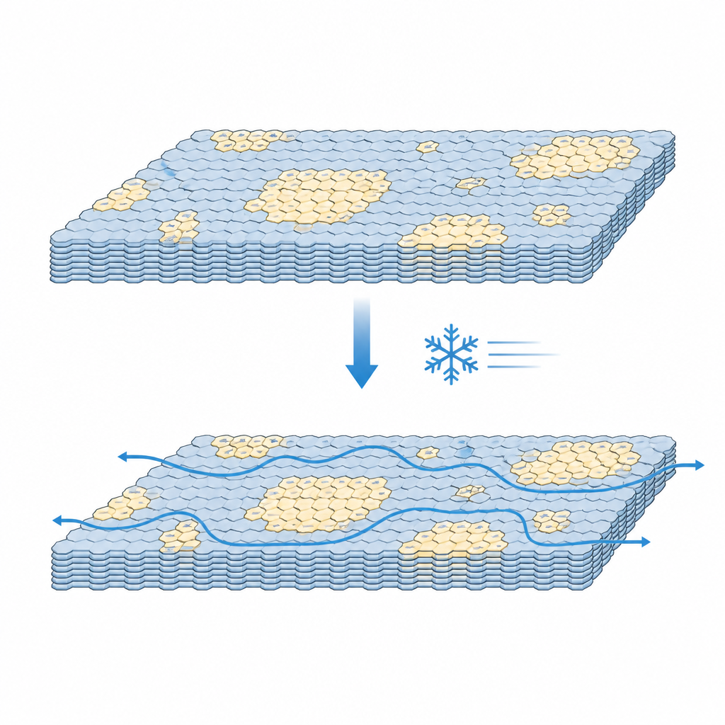 Figure 2. Snelle afkoeling bevriest nanoschaal isolerende eilandjes in een metallische matrix en behoudt zo gemakkelijke paden voor elektronenstroom.
