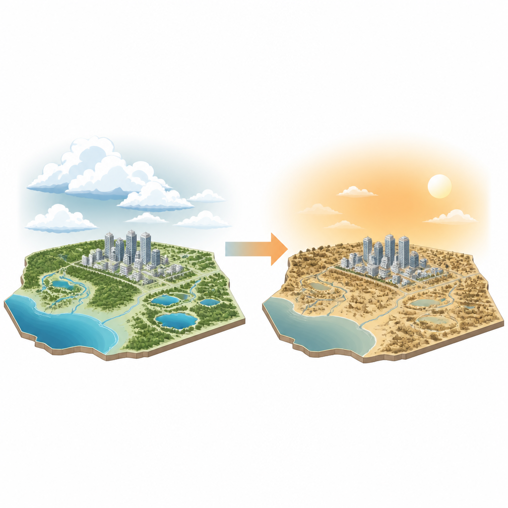 Figure 1. Hoe een regenachtige county aan de Golfkust geleidelijk kan verschuiven naar frequentere en intensere droogte door klimaatverandering.