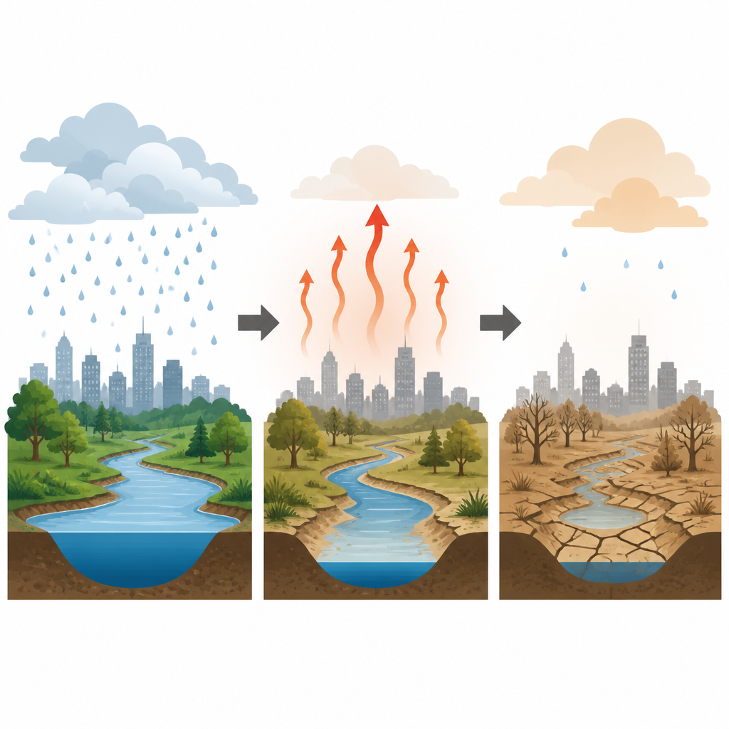 Figure 2. Hoe stijgende hitte en veranderende neerslag samen een groene stedelijke omgeving duwen richting droge grond, gestreste planten en lage rivierstanden.