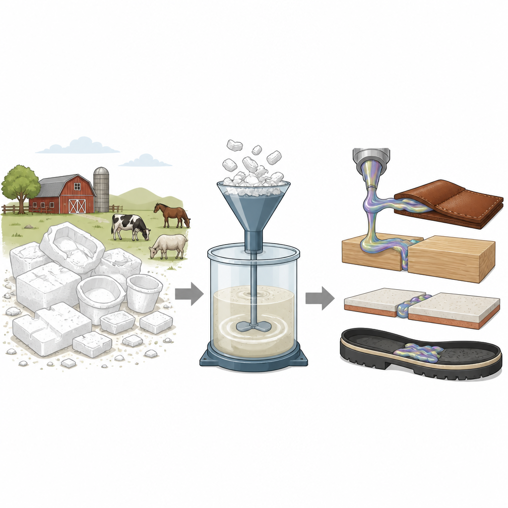 Figure 1. Atık köpük, ahşap, deri, seramik ve ayakkabı tabanlarını sıkıca birbirine bağlayan renkli yapıştırıcıya dönüştürülür.