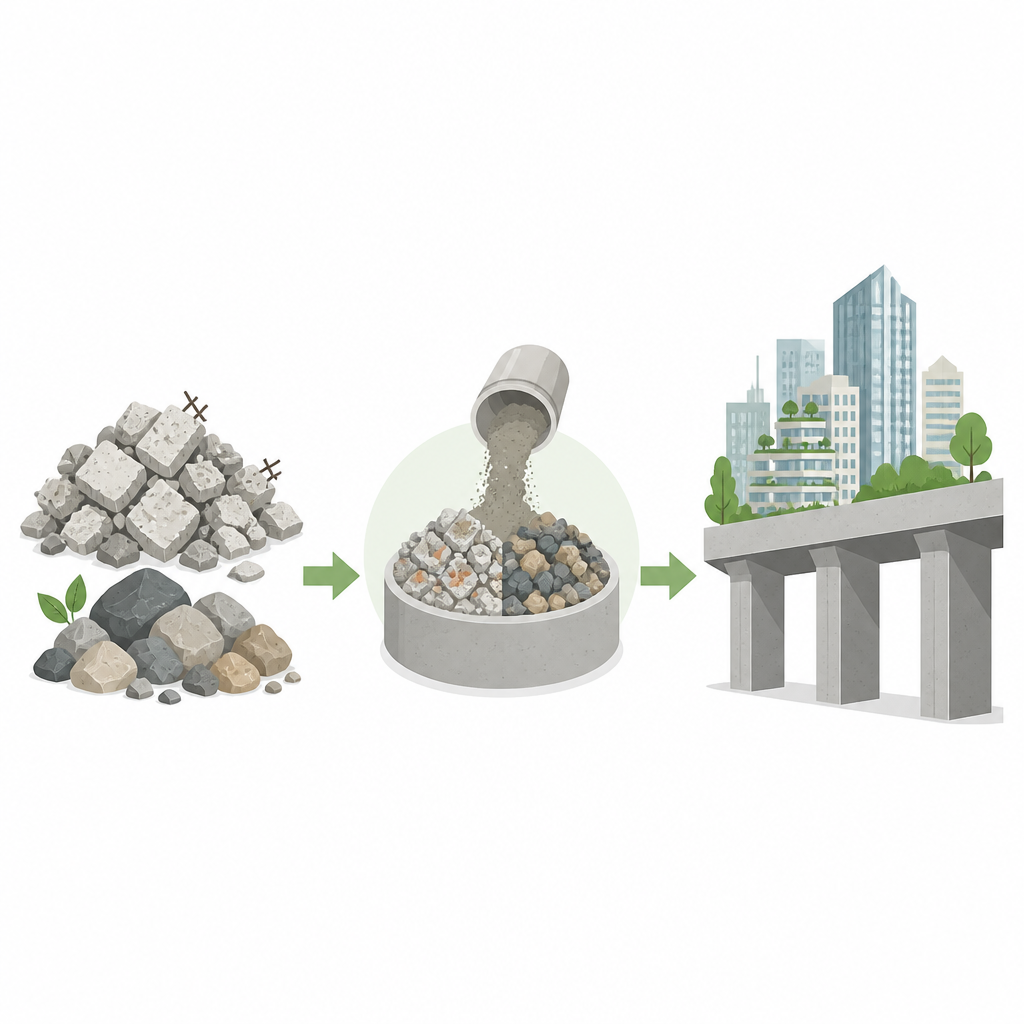 Figure 1. Come il calcestruzzo di scarto e gli ingredienti freschi si combinano in un materiale da costruzione più resistente e sostenibile.