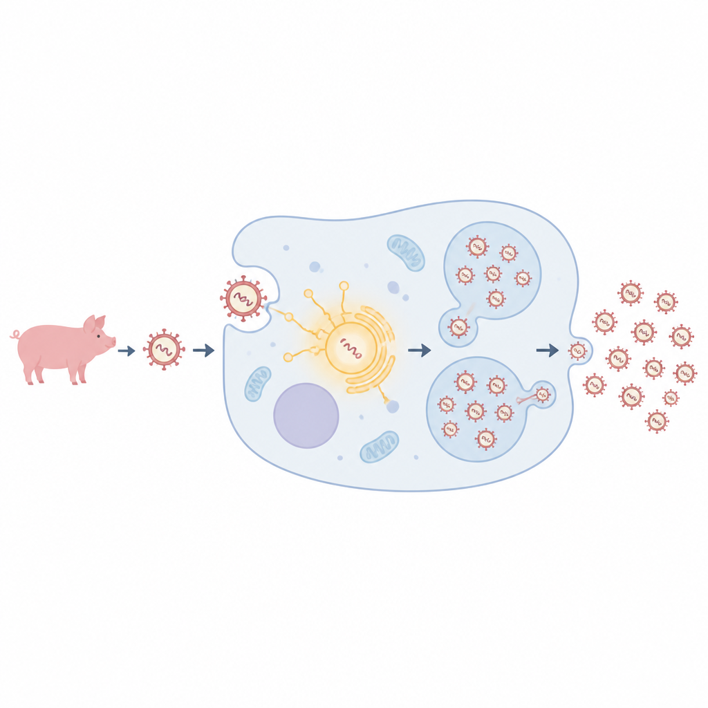 Figure 1. Come un minuscolo virus suino dirotta il sistema di pulizia cellulare per potenziare la propria replicazione.