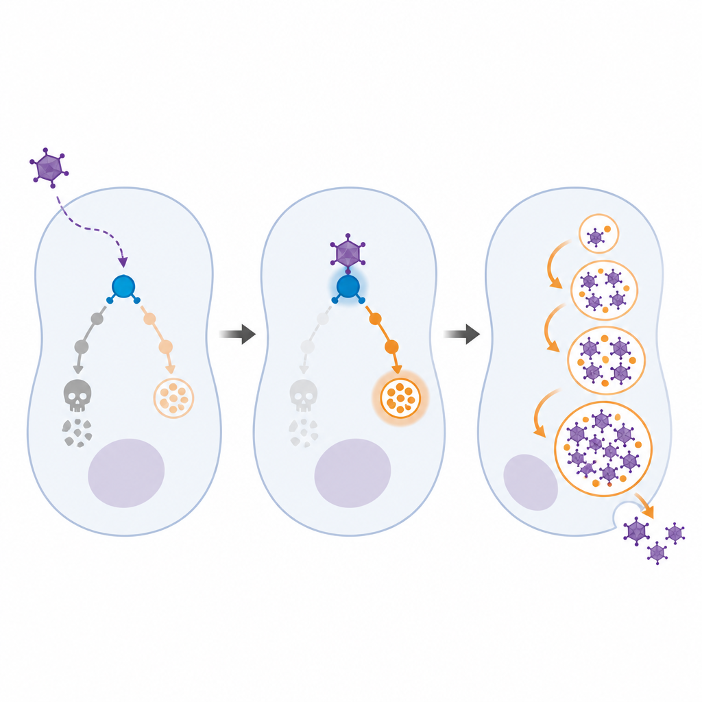 Figure 2. Visione passo-passo di una proteina virale che ribalta un segnale cellulare da morte a riciclo per produrre più virus.