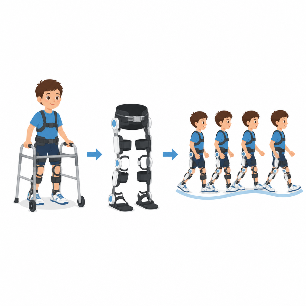 Figure 1. Wie eine robotische Beinorthese Kindern hilft, während geführter Übungen ein gesünderes Gangmuster einzuhalten.