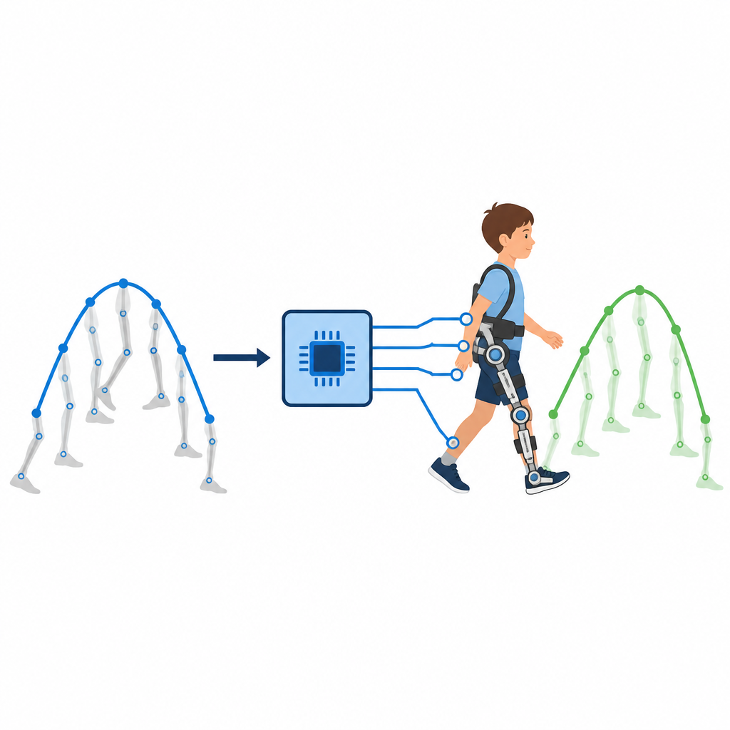 Figure 2. Wie ein fortgeschrittener Regler die Beinbewegung korrigiert, sodass ein Exoskelett einer ruhigen, genauen Gangbahn folgt.