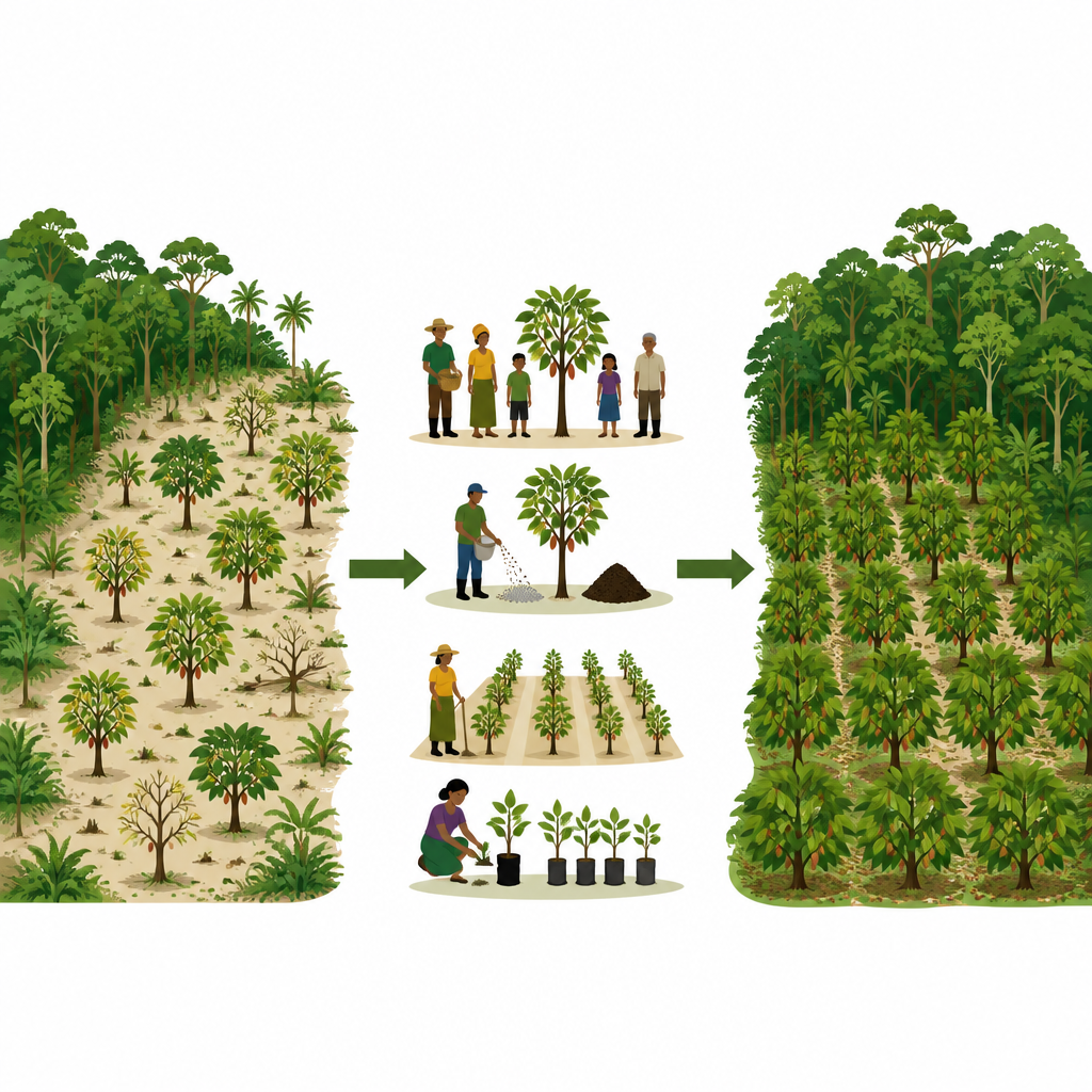Figure 1. Wie Entscheidungen der Bäuerinnen und Bauern und die Feldgestaltung die Kakaobevorntung und den Waldschutz in der Côte d’Ivoire prägen.