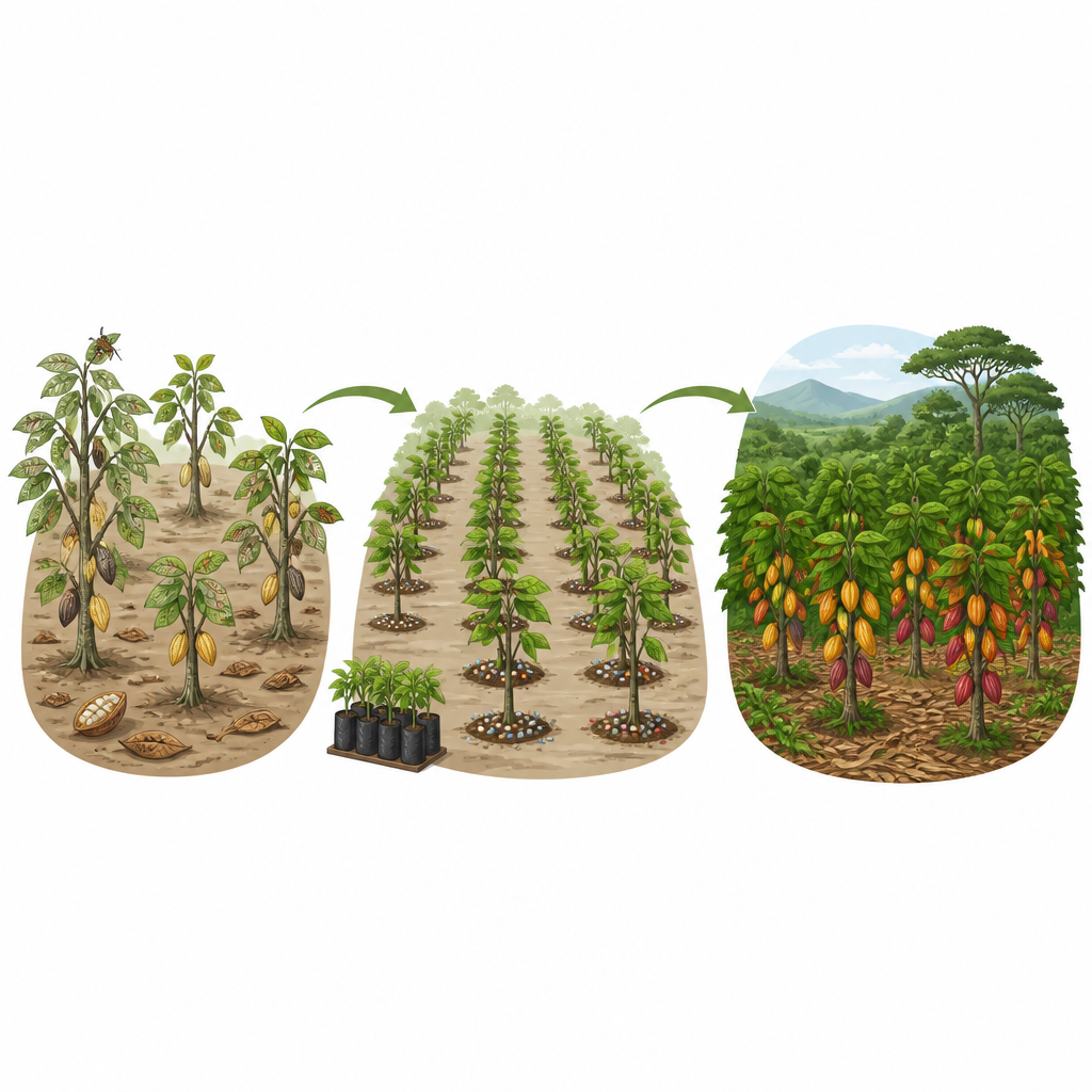 Figure 2. Schrittweise Darstellung, wie bessere Pflanzabstände, verbesserte Setzlinge und Düngung schwache Kakaobäume in gesunde, produktive Bäume verwandeln.