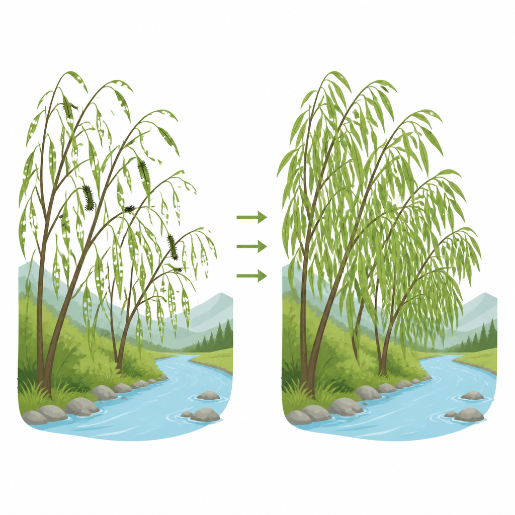 Figure 1. Cómo un tratamiento suave ayuda a que los sauces de Cachemira sufran menos daños por orugas y se mantengan más verdes.
