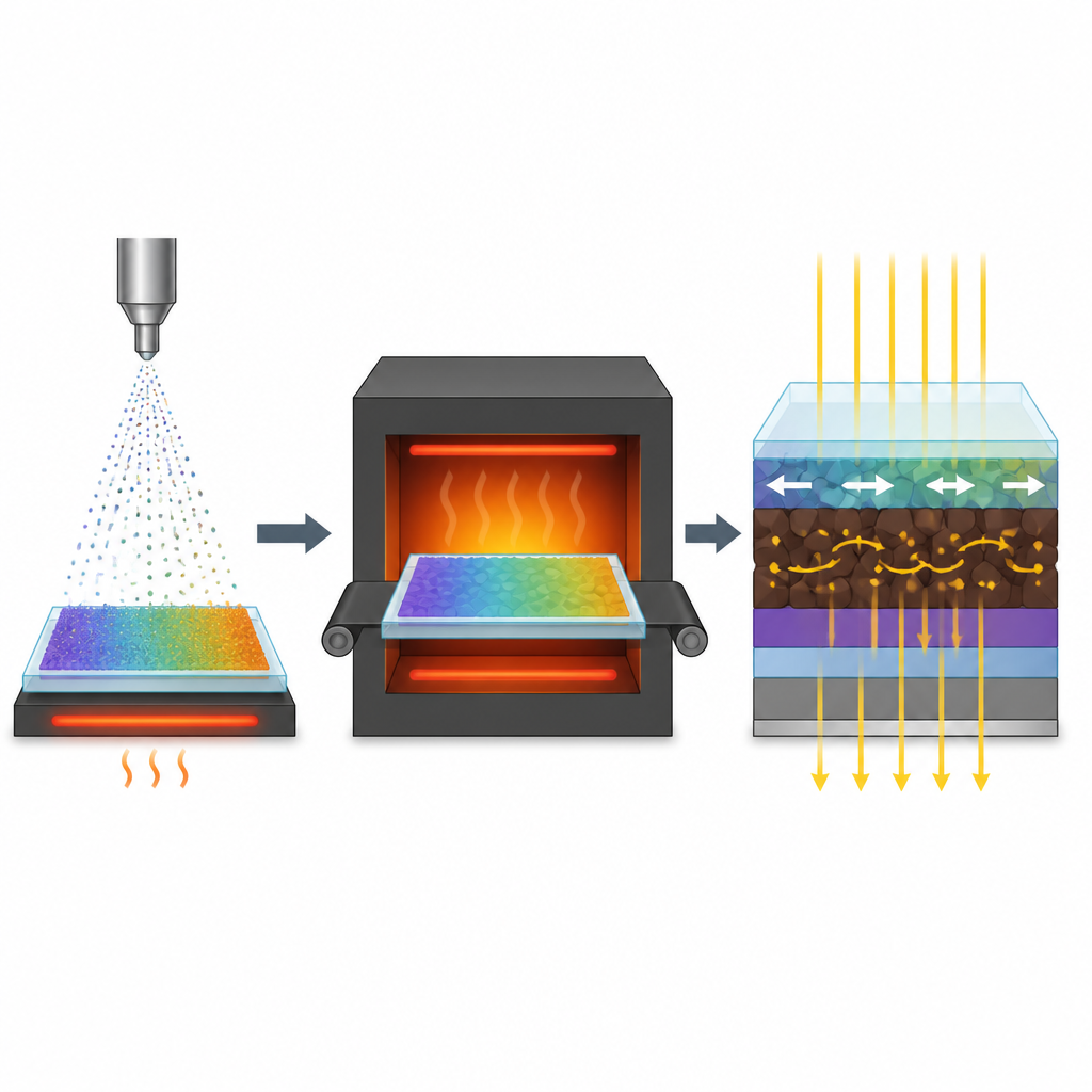 Figure 2. Visione step-by-step di spruzzo, riscaldamento e utilizzo di un film trasparente messo a punto che incrementa il flusso di carica in una cella solare a perovskite