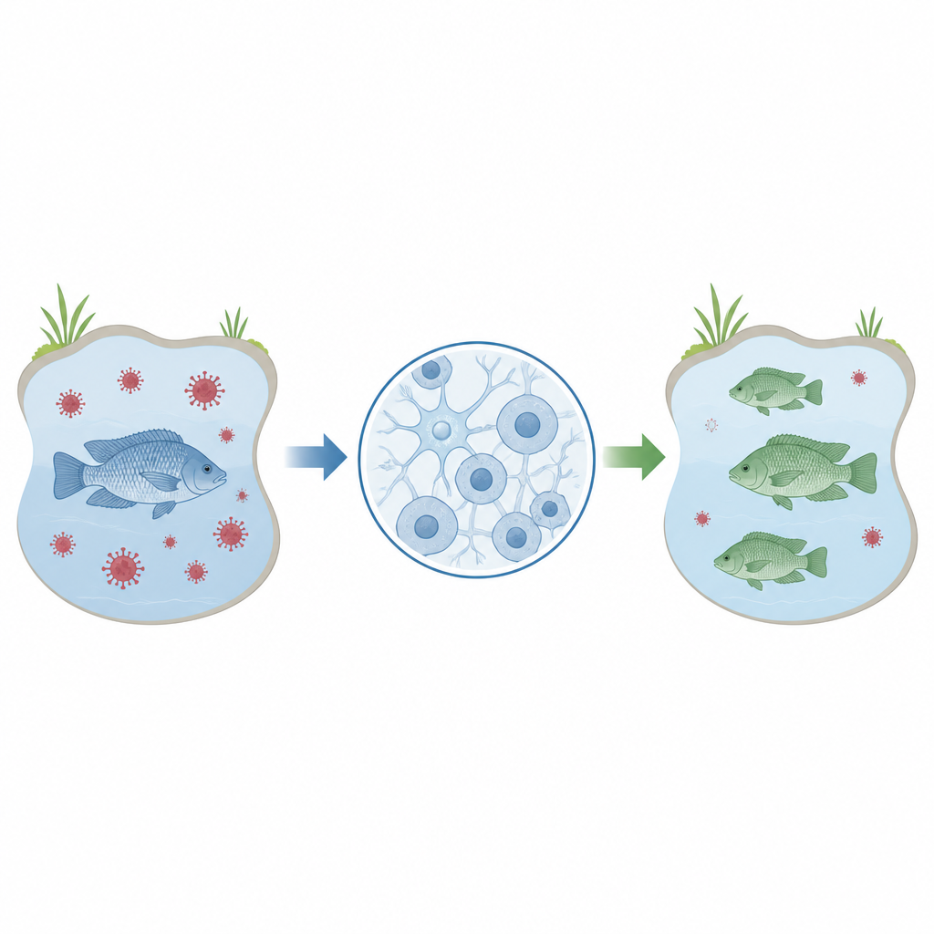 Figure 1. Van kwetsbare gekweekte tilapia naar robuustere populaties door nauwkeurige genaanpassingen in in het laboratorium gekweekte hersencellen.