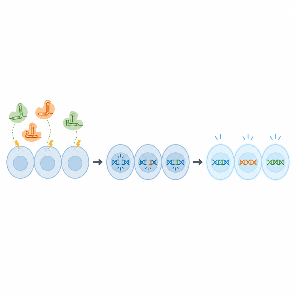 Figure 2. Hoe elektrische pulsen CRISPR-complexen in tilapia-cellen afleveren om DNA te knippen en doelgenen uit te schakelen.