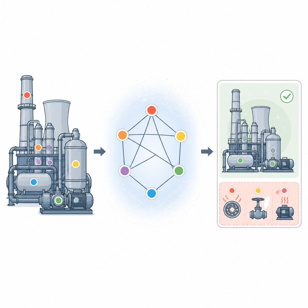 Figure 1. Come sensori connessi e conoscenza esperta collaborano per individuare precocemente i guasti industriali.