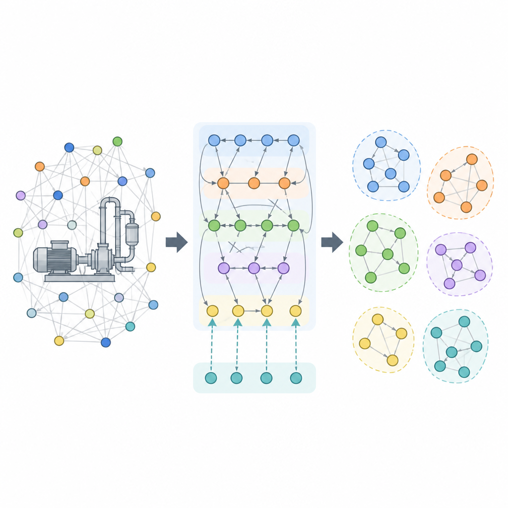 Figure 2. Come un modello grafico intelligente filtra i collegamenti sensoriali rumorosi per rivelare i veri schemi di guasto nelle macchine.