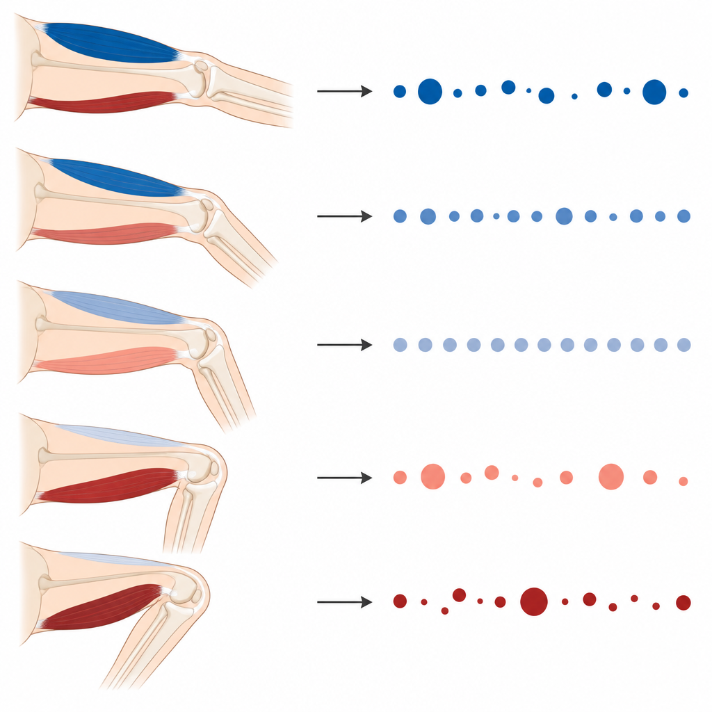 Figure 2. Как пары мышц колена и флуктуации силы изменяются вместе, когда сустав удаляется от своего наиболее сильного угла.