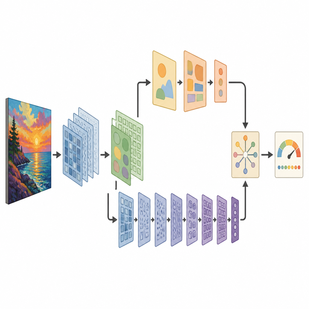 Figure 2. Come un modello di IA elabora un’opera d’arte attraverso percorsi visivi rapidi e lenti per prevederne l’appeal estetico.