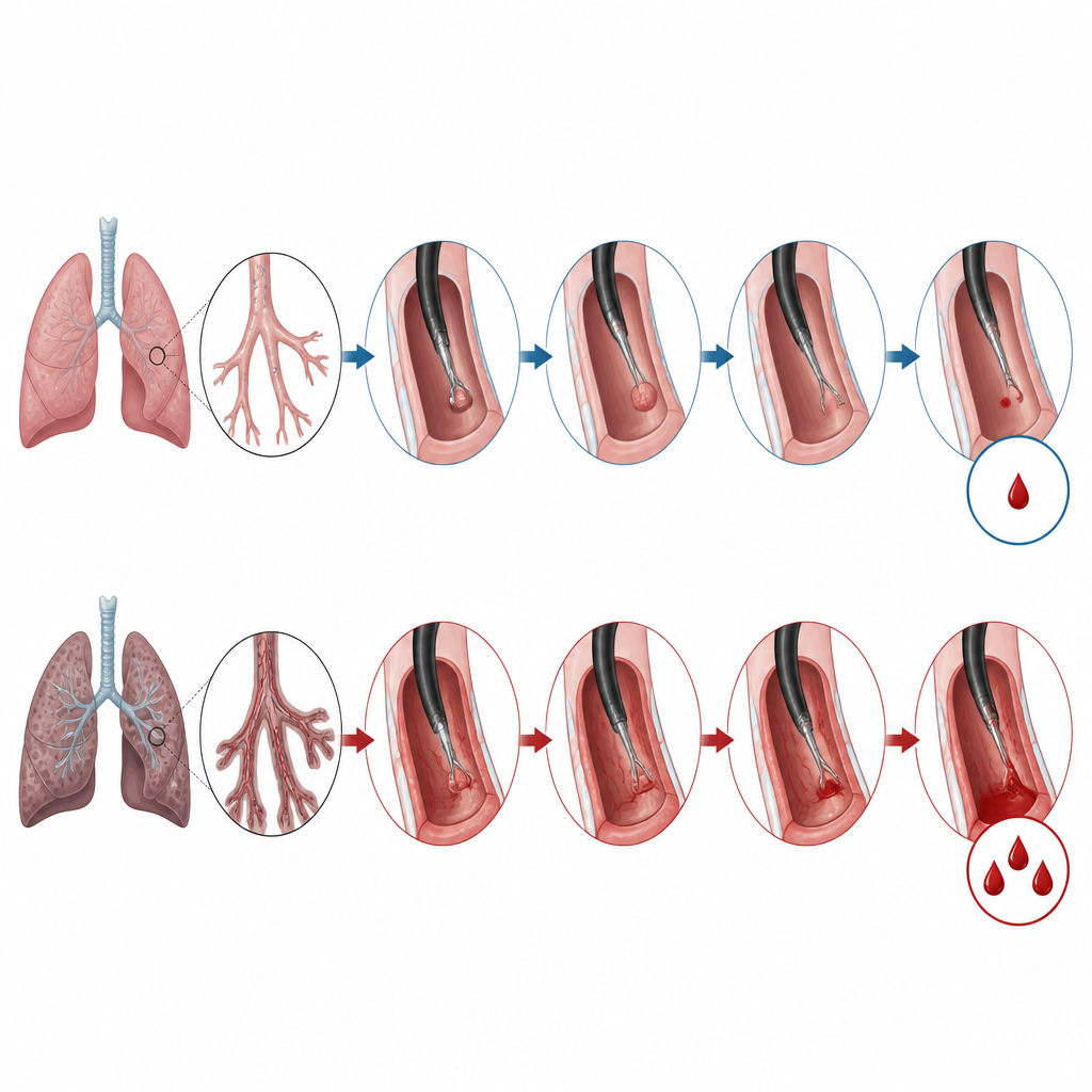 Figure 2. Vista paso a paso de la biopsia pulmonar que muestra más sangrado en pacientes con enfermedad pulmonar crónica que en otros