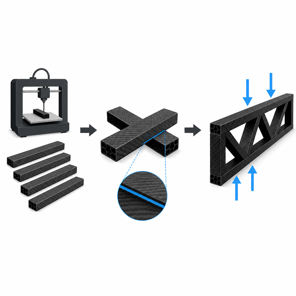 Figure 1. Wie verbesserter Klebstoff kleine 3D-gedruckte Kunststoffteile zu einer stärkeren, leichten Struktur verbindet.