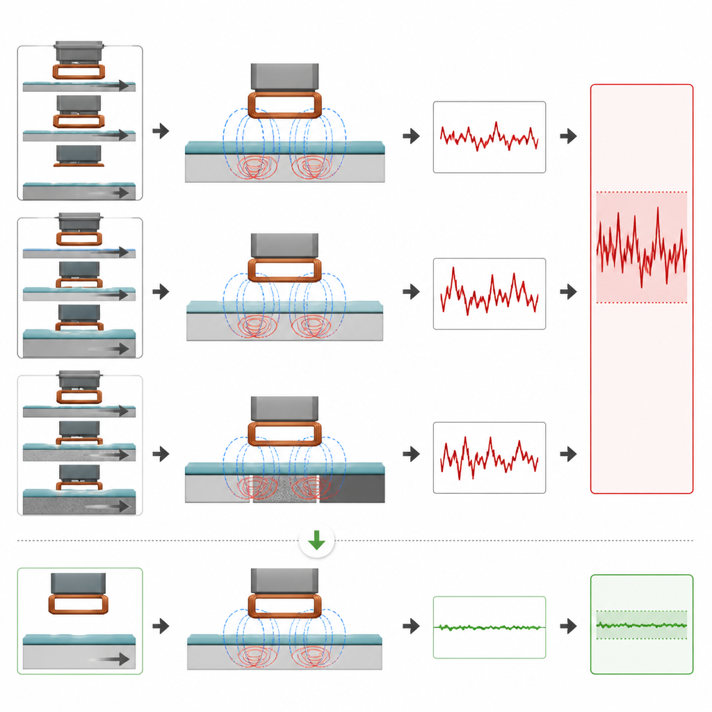 Figure 2. Sargı geometrisi ve aralığının ayarlanmasının boşluk, kaplama ve malzeme özelliklerindeki değişikliklere karşı türbülans akım sinyallerini nasıl stabilize ettiği.