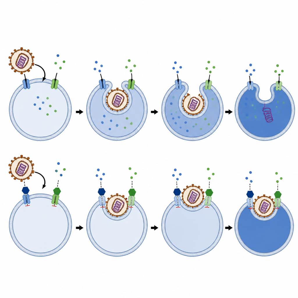 Figure 2. Bloquear los canales de potasio y calcio en los endosomas interfiere con la fusión del nairovirus y la liberación de su material genético.