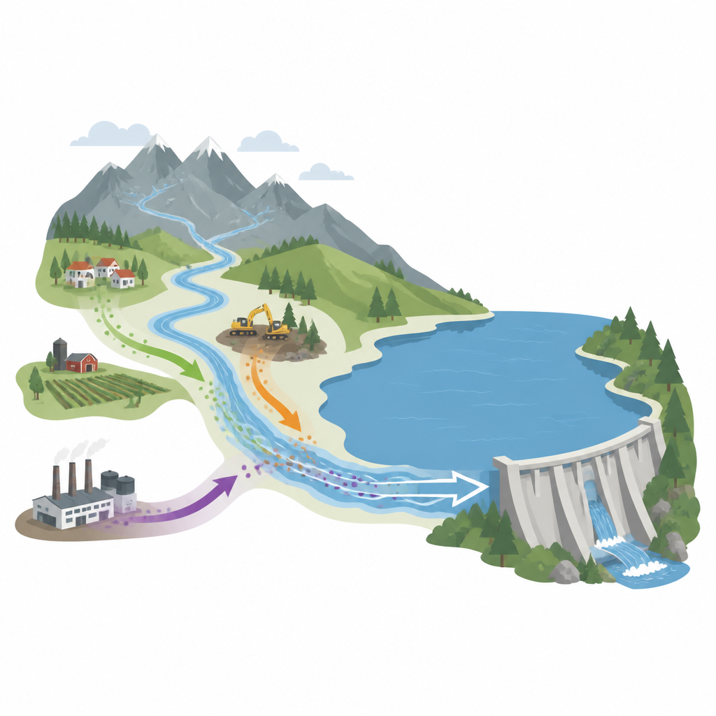 Figure 1. Hoe dorpen, landbouw en kleinschalige industrieën stroomopwaarts de waterkwaliteit beïnvloeden die naar een bergreservoir stroomt.