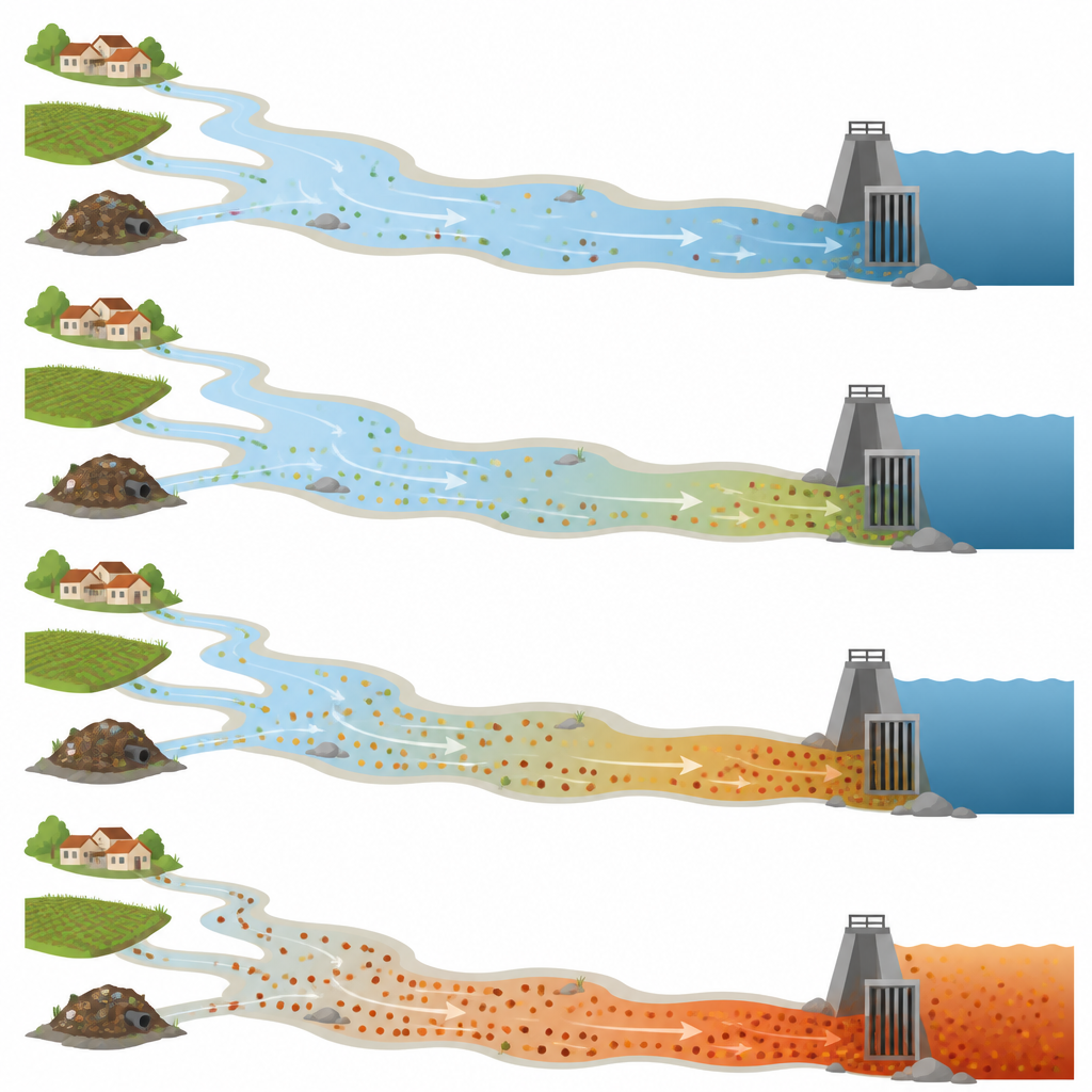 Figure 2. Stap-voor-stap opbouw van vervuild afstromend water in een rivier terwijl het van landbronnen naar de inlaat van een dam reist in de loop van de tijd.