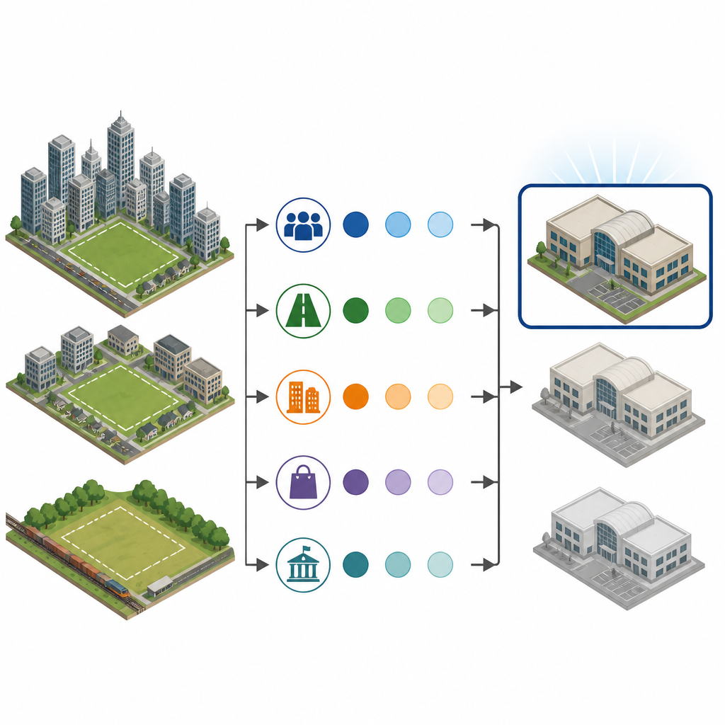 Figure 2. Cómo los expertos puntúan y comparan varios emplazamientos de outlet a lo largo de múltiples factores para elegir una ubicación preferida.