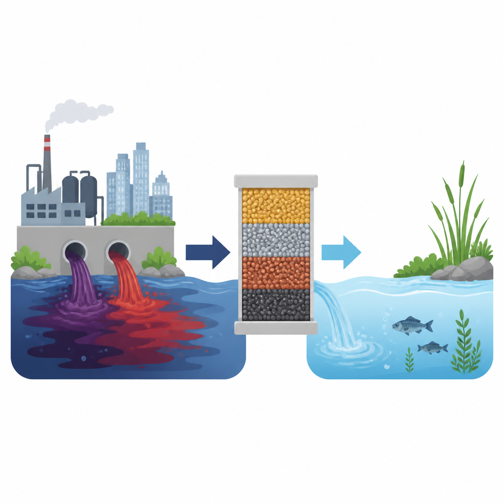 Figure 1. Het omzetten van gekleurd industrieel kleurstoffenafvalwater naar helder water met een vaste katalysator en een oxiderend middel.