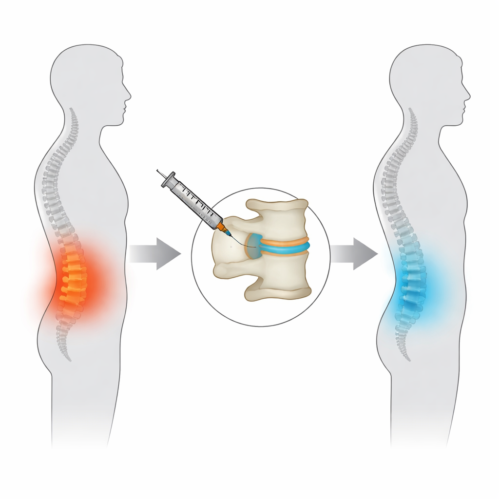 Figure 1. Hoe een injectie met plaatjesrijk plasma in een versleten tussenwervelschijf chronische lage rugpijn in de loop van de tijd kan verlichten.