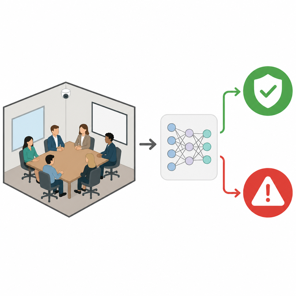 Figure 1. Telecamere intelligenti tracciano le persone in una sala di gara e segnalano cambiamenti a rischio senza bisogno di sorveglianza umana costante.