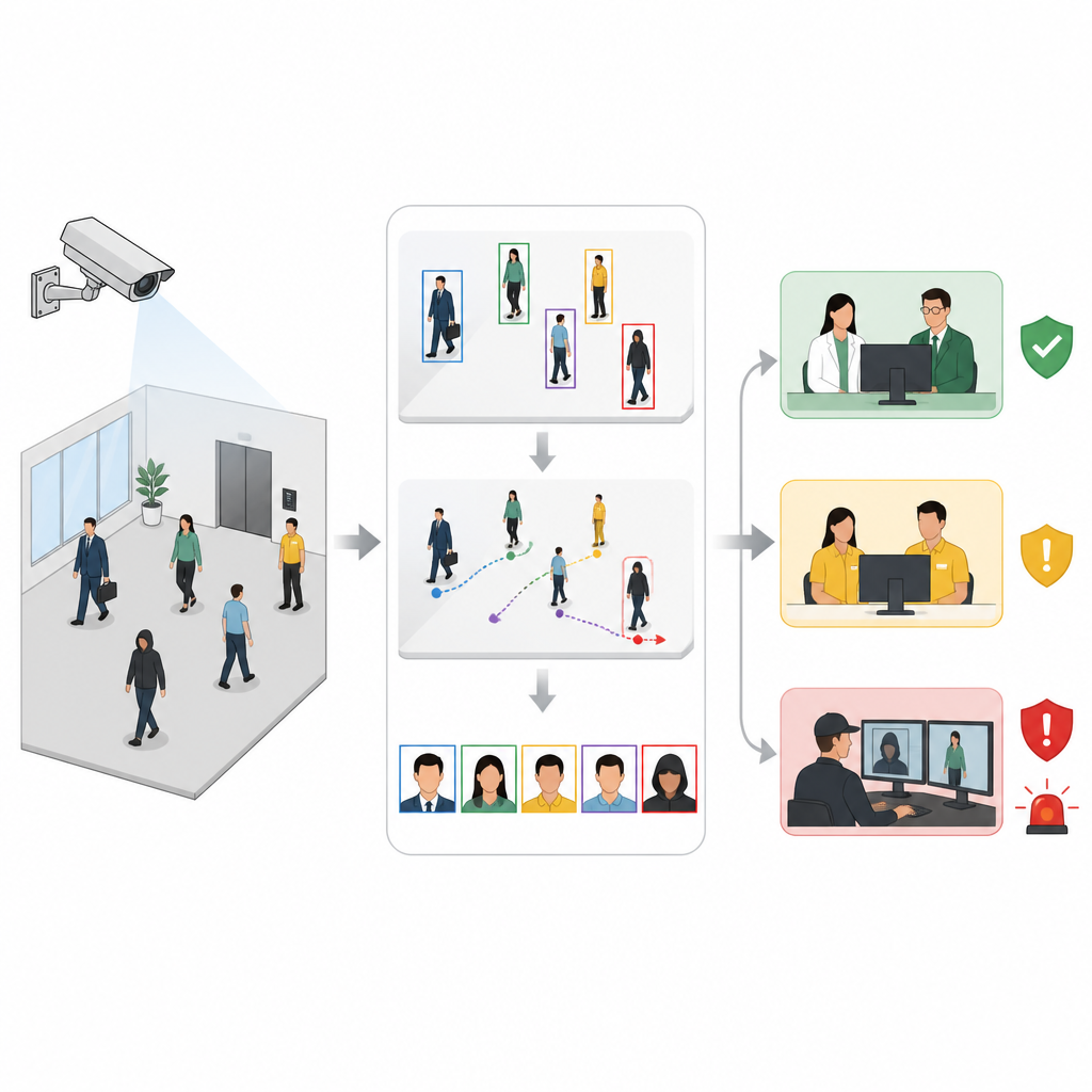 Figure 2. Visione step by step di come i fotogrammi video diventano persone tracciate, volti riconosciuti e avvisi finali per intrusi o esperti assenti.
