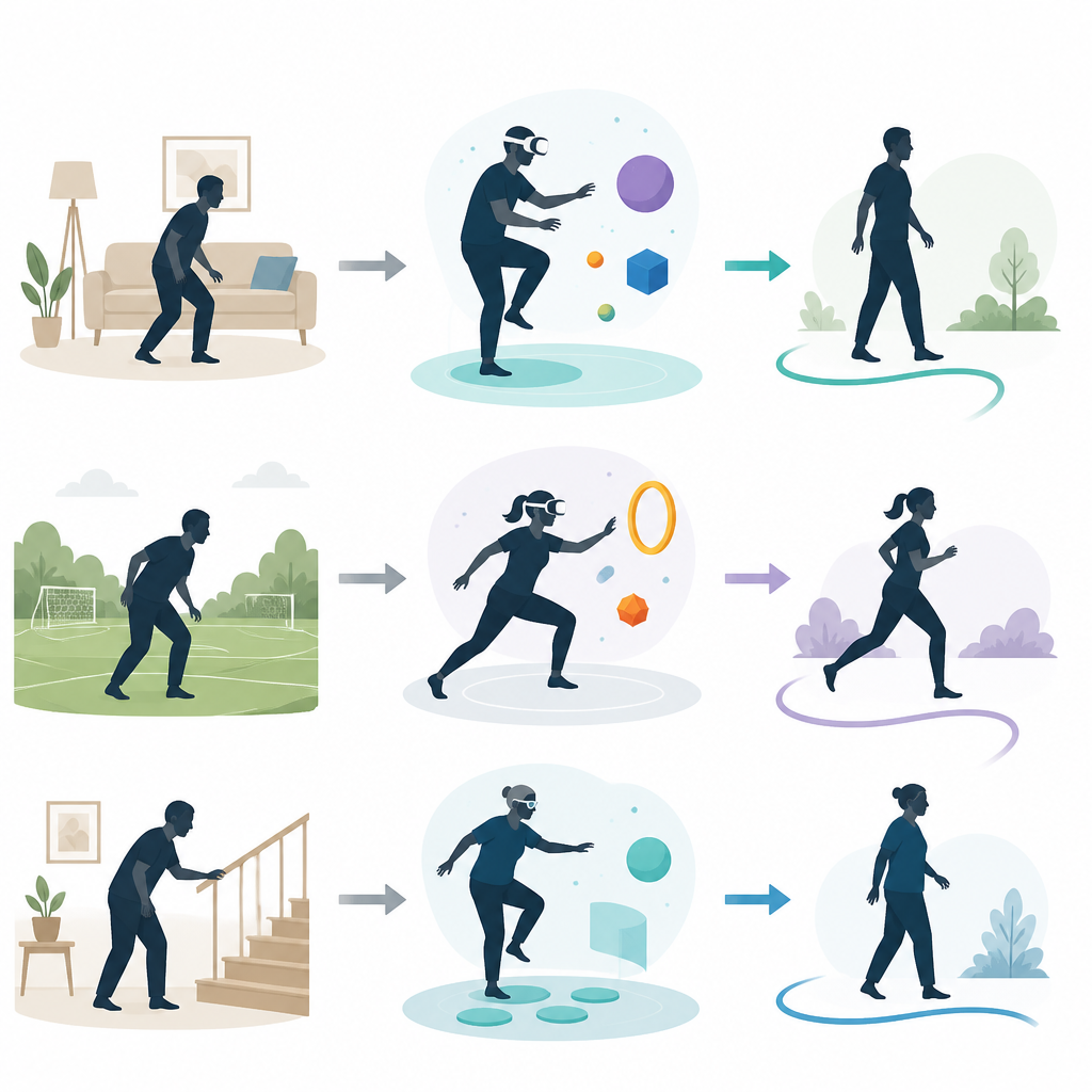 Figure 1. Hoe training in virtuele en uitgebreide werelden de balans, het lopen en sportvaardigheden in de echte wereld kan verbeteren.