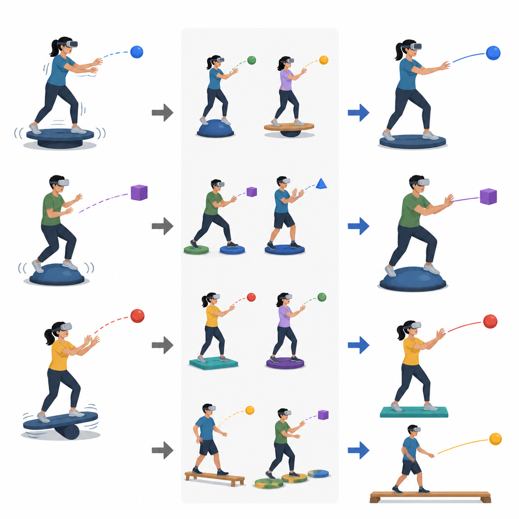 Figure 2. Stap-voor-stap weergave van hoe herhaalde VR- en AR-oefening balans, gangbeeld en oog-handcoördinatie in de loop van de tijd aanscherpt.