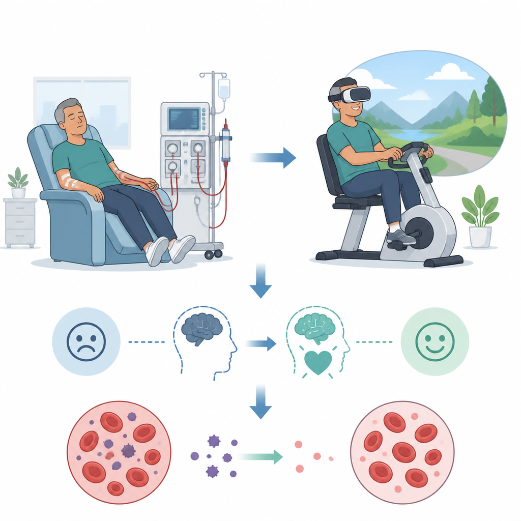 Figure 1. Patiënten op dialyse fietsen in virtual reality om leed te verlichten en schoner bloed tijdens de behandeling te ondersteunen.