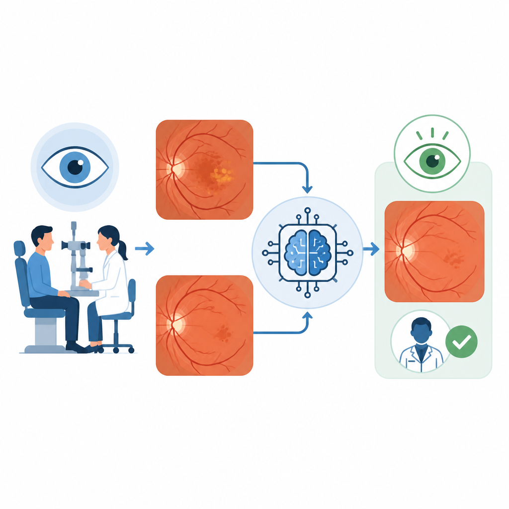 Figure 1. KI vergleicht gepaarte Augen-Scans, um zu beurteilen, wie gut die Behandlung der Makuladegeneration im Zeitverlauf wirkt.