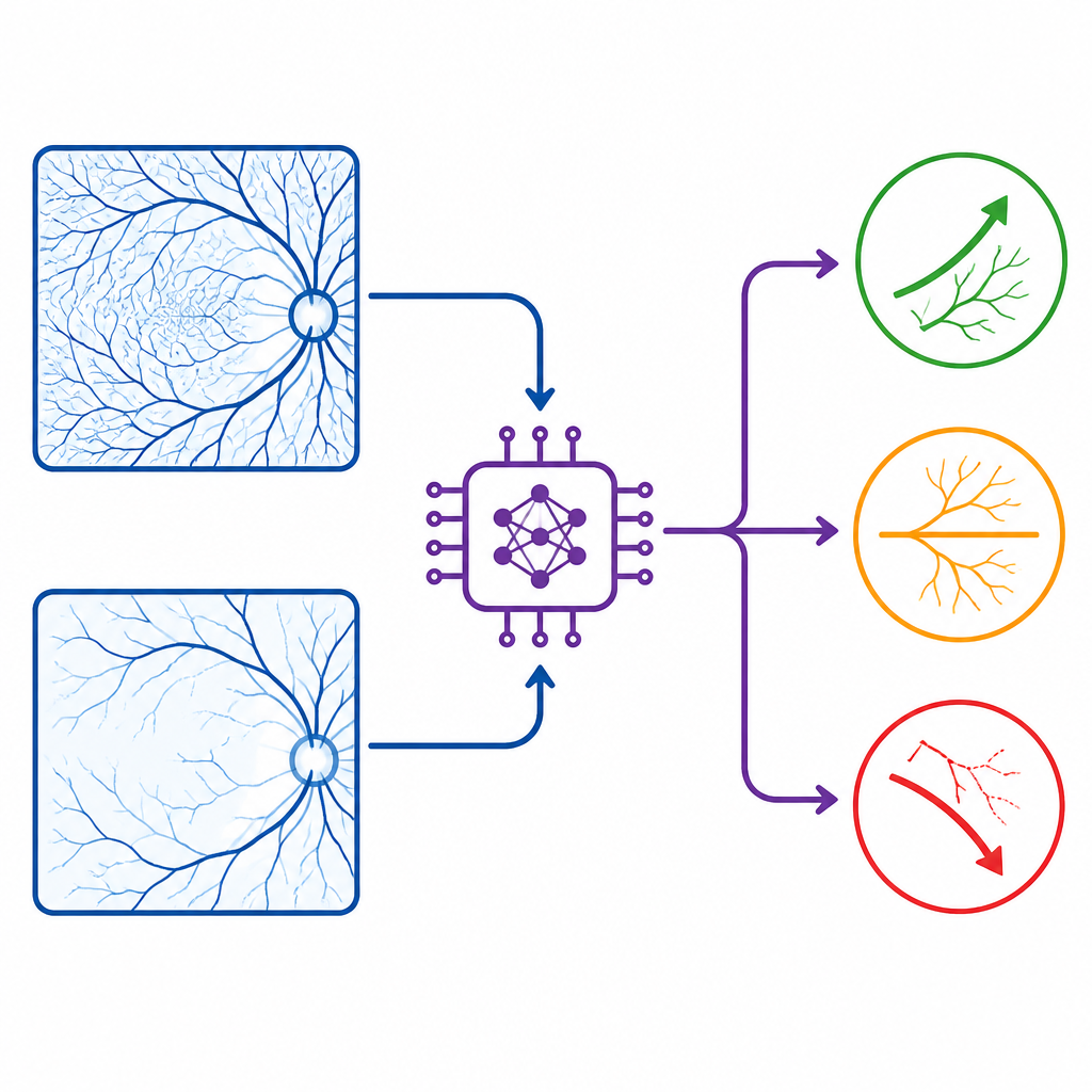 Figure 2. KI untersucht Vorher-Nachher-Karten der Augengefäße, um Therapieverläufe als besser, stabil oder schlechter einzuordnen.