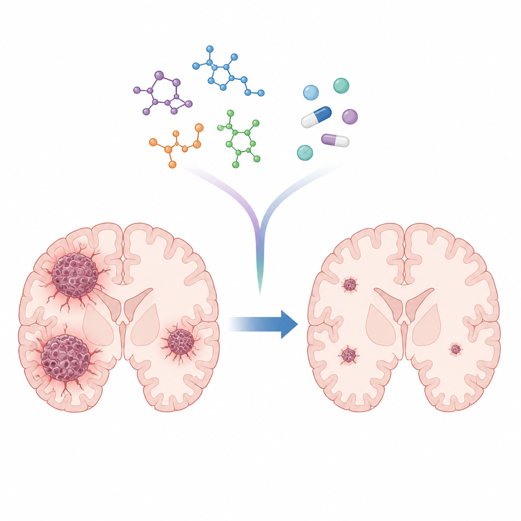 Figure 1. Nuevas pequeñas moléculas se combinan con la quimioterapia estándar para eliminar mejor las células de tumores cerebrales agresivos.