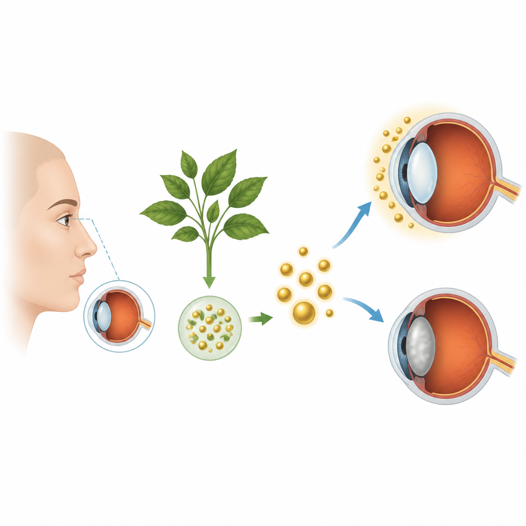 Figure 1. Nanopartículas de oro elaboradas con plantas que entregan antioxidantes al cristalino para ayudar a prevenir las cataratas.