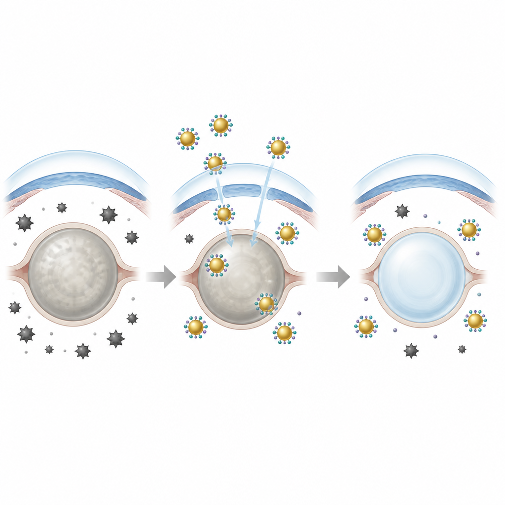 Figure 2. Las nanopartículas de oro liberan moléculas antioxidantes alrededor de un cristalino opaco, reduciendo el daño y ayudando a que recupere claridad.