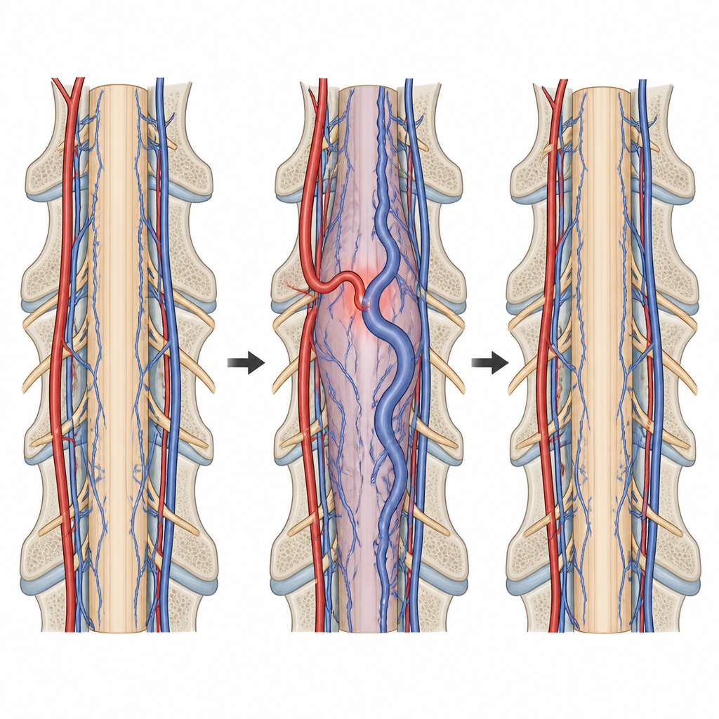 Figure 2. Cosa succede nella parte inferiore del midollo spinale quando vasi anomali causano congestione e come la riparazione ristabilisca un flusso sanguigno più sano.