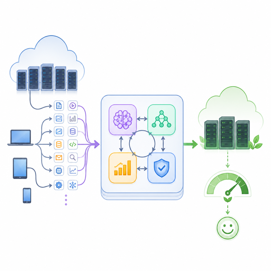 Figure 1. Hoe intelligente sturing cloudworkloads naar minder actieve servers leidt terwijl service snel en betrouwbaar blijft