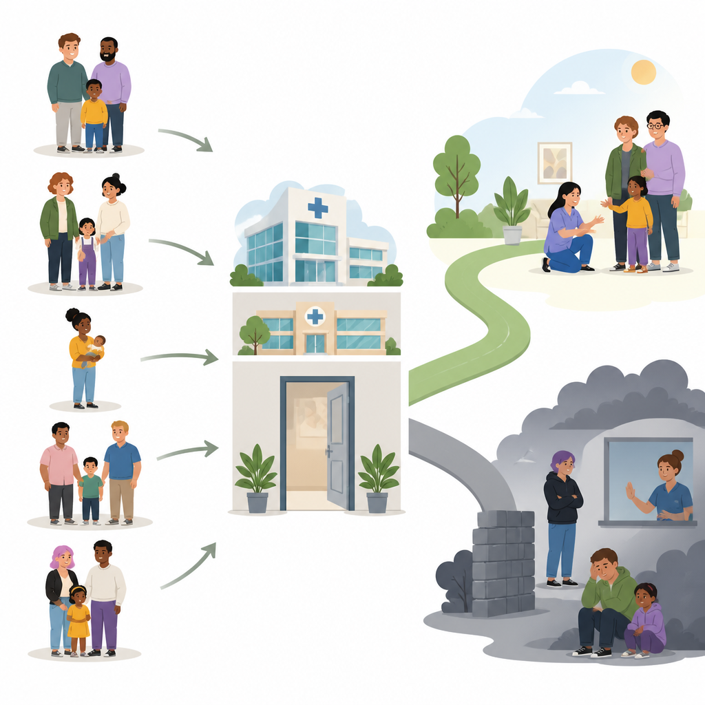 Figure 1. Wie Familienleben, soziale Unterstützung und Angst vor Misshandlung den Zugang zur Gesundheitsversorgung für LGBTQ+-Eltern beeinflussen.